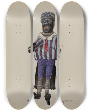 Triptych art skateboard deck of Beverly Chichester Minstrel Hand Puppet by Beverly Chichester (20-)