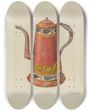 Triptych art skateboard deck of Harry Grossen Toleware Tin Coffee Pot by Harry Grossen
