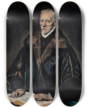 Triptych art skateboard deck of El Greco Domenikos Theotokopoulos Portrait Of Dr Francisco De Pisa by El Greco Domenikos Theotokopoulos (1540-1614)