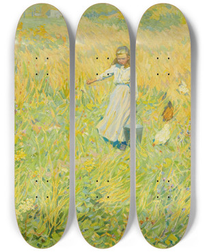 Triptych art skateboard deck of Helen Galloway Mcnicoll The Little Worker by Helen Galloway Mcnicoll (1879-1915)