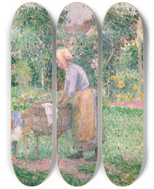 Triptych art skateboard deck of Camille Pissarro A Washerwoman At Ragny by Camille Pissarro (1830-1903)