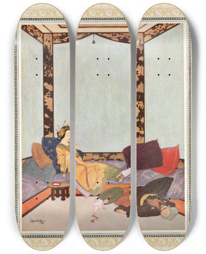Triptych art skateboard deck of Edmund Dulac The Lady Bedrelbudur And The Wicked Magician by Edmund Dulac (1882-1953)