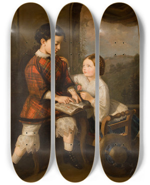 Triptych art skateboard deck of Saturnin Wierzyski Children Learning by Saturnin Swierzynski (1820-1885)