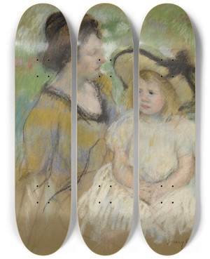 Triptych art skateboard deck of Mary Cassatt Simone Seated On The Grass Next To Her Mother by Mary Cassatt (1844-1926)