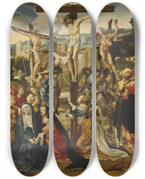 Triptych art skateboard deck of Cornelis Engebrechtsz The Crucifixion_2 by Cornelis Engebrechtsz (1461-1527)