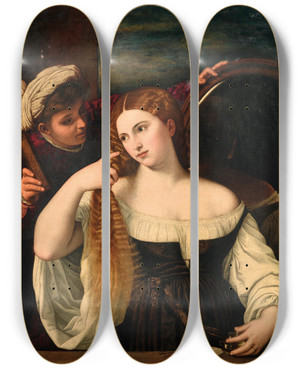 Triptych art skateboard deck of Circle Of Titian A Woman At Her Toilet by Circle of Titian (1506-1576)