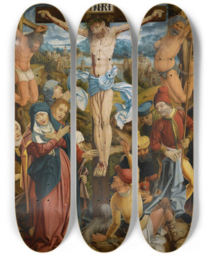 Triptych art skateboard deck of Danube School The Crucifixion by Danube School