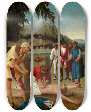 Triptych art skateboard deck of Albrecht Altdorfer Workshop The Martyrdom Of Saint Erasmus by Albrecht Altdorfer Workshop (1480-1538)
