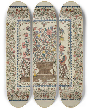 Triptych art skateboard deck of Margaret Concha Applique And Embroidered Coverlet by Margaret Concha