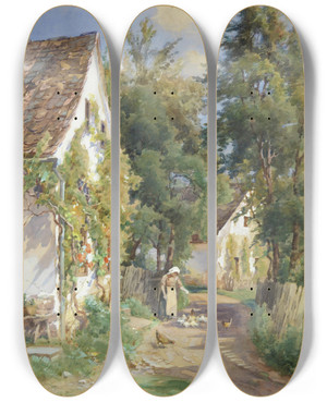 Triptych art skateboard deck of Ernestine Von Kirchsberg Sommertag by Ernestine Von Kirchsberg (1857-1924)