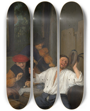 Triptych art skateboard deck of Adriaen Van Ostade The Merry Drinkers by Adriaen Van Ostade (1610-1684)