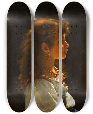 Triptych art skateboard deck of Alexei Harlamoff Young Girl In Profile by Alexei Harlamoff (1840-1925)