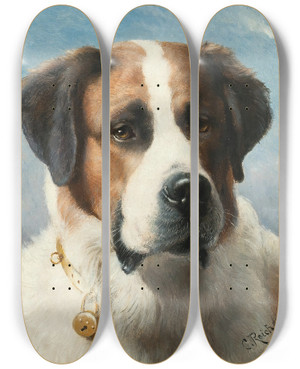 Triptych art skateboard deck of Carl Reichert St Bernard by Carl Reichert (1836-1918)