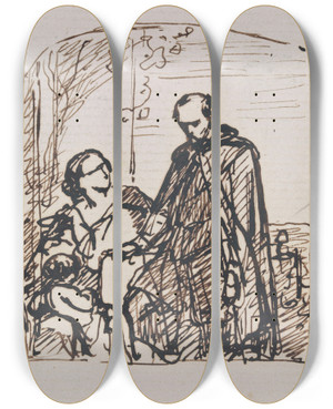 Triptych art skateboard deck of Nicaise De Keyser Torquato Tasso Dressed As A Sheperd Visits His Sister Cornelia In Sorrento_4 by Nicaise De Keyser (1813-1887)