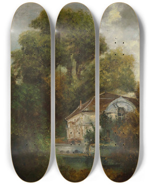 Triptych art skateboard deck of Gustave Courbet Le Chteau De Beaulieu Prs De Lausanne by Gustave Courbet (1819-1877)