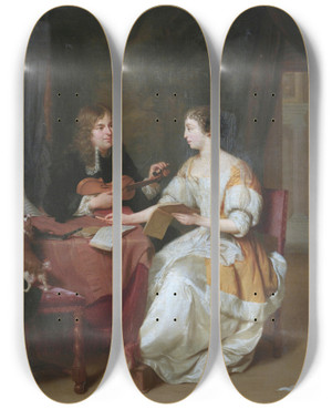 Triptych art skateboard deck of Jan Verkolje An Elegant Couple Making Music In An Interior by Jan Verkolje (1650-1693)