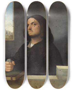 Triptych art skateboard deck of Cariani Portrait Of A Venetian Gentleman by Cariani (1490-1547)
