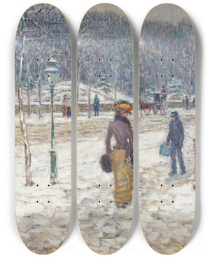 Triptych art skateboard deck of Childe Hassam New York Street by Childe Hassam (1859-1935)