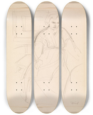 Triptych art skateboard deck of Ludvig Find Siddende Kvinde by Ludvig Find (1869-1945)