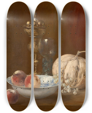 Triptych art skateboard deck of Antoine Vollon Melon Coupe De Fruits Et Pice Dorfvrerie Sur Un Entablement by Antoine Vollon (1833-1900)