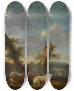 Triptych art skateboard deck of Adriaen Van De Velde Landscape With Sheep And A Sleeping Shepherd by Adriaen van de Velde (1636-1672)