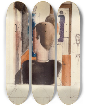 Triptych art skateboard deck of Oskar Schlemmer Preliminary Study For Five Figures In Space Roman by Oskar Schlemmer (1888-1943)
