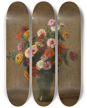 Triptych art skateboard deck of Henri Fantinlatour Zinnias by Henri Fantin-Latour (1836-1904)