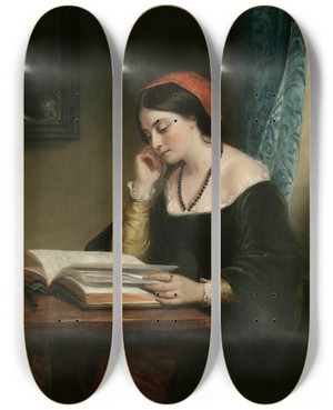 Triptych art skateboard deck of Daniel Huntington The Fair Student by Daniel Huntington (1816-1906)