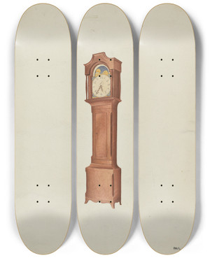 Triptych art skateboard deck of William Paul Childers Shaker Tall Clock by William Paul Childers