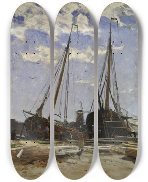 Triptych art skateboard deck of Carl Sknberg Study For Dordrecht Harbour 1880 Gteborgs Konstmuseum by Carl Skanberg (1850-1883)