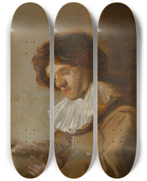 Triptych art skateboard deck of Dirck Hals A Youth Holding A Flask by Dirck Hals (1591-1656)