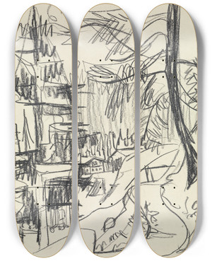 Triptych art skateboard deck of Ernst Ludwig Kirchner Bergwald Und Htten by Ernst Ludwig Kirchner (1880-1938)