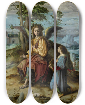 Triptych art skateboard deck of Bacchiacca Tobias And The Angel by Bacchiacca (1494-1557)