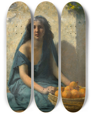 Triptych art skateboard deck of Franois Alfred Delobbe The Orange Seller by Francois Alfred Delobbe (1835-1920)