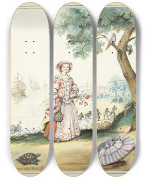 Triptych art skateboard deck of Gesina Ter Borch Hillegonda Louise Schellinger In Curaao by Gesina Ter Borch (1633-1690)