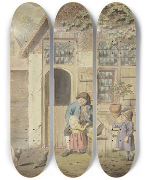 Triptych art skateboard deck of Johannes Christiaan Janson Vor Einer Haustr Sitzt Ein Bauer Mit Zwei Kindern Dabei Zwei Hhner by Johannes Christiaan Janson (1763-1823)