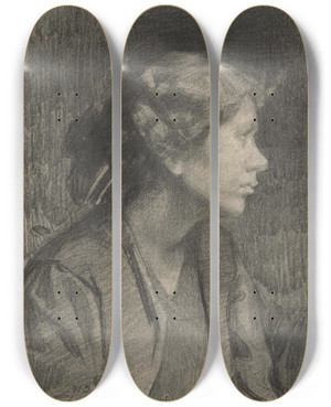 Triptych art skateboard deck of Eduard Putra Study Of A Woman In Profile by Eduard Putra (1883-1915)