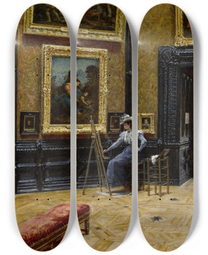 Triptych art skateboard deck of Louis Broud An Elegantly Dressed Copyist At The Louvre by Louis Beroud (1852-1930)