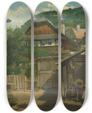 Triptych art skateboard deck of Vojtech Angyal Old Kremnica by Vojtech Angyal (1847-1928)