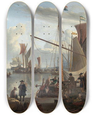 Triptych art skateboard deck of Ludolf Bakhuysen The Y At Amsterdam Seen From The Mosselsteiger Mussel Pier by Ludolf Backhuysen (1630-1708)