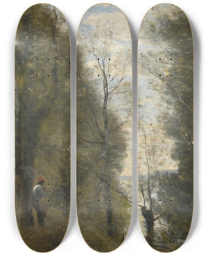 Triptych art skateboard deck of Jeanbaptistecamille Corot Prairies Inondes Vues A Travers La Feuillee by Jean-Baptiste-Camille Corot (1796-1875)