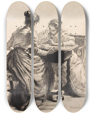 Triptych art skateboard deck of Frans Schwartz Halma by Frans Schwartz (1850-1917)