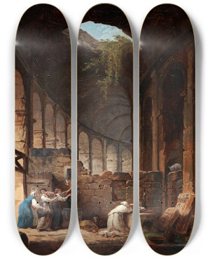 Triptych art skateboard deck of Hubert Robert Hermit In The Colosseum by Hubert Robert (1733-1808)