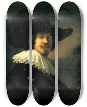 Triptych art skateboard deck of Rembrandt Van Rijn Portrait Of A Man In A Broadbrimmed Hat by Rembrandt Van Rijn (1606-1669) Triptych art skateboard deck of Rembrandt Van Rijn Portrait Of A Man In A Broadbrimmed Hat by Rembrandt Van Rijn (1606-1669)