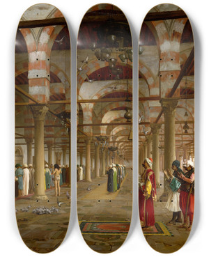 Triptych art skateboard deck of Jeanlon Grme Prayer In The Mosque by Jean-Lon Grme (1824-1904)