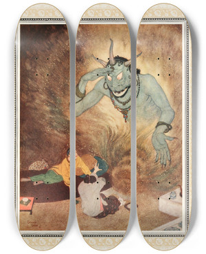 Triptych art skateboard deck of Edmund Dulac Aladdin And The Efrite by Edmund Dulac (1882-1953)