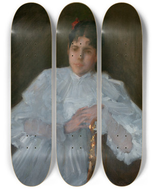 Triptych art skateboard deck of William Merritt Chase Girl In White by William Merritt Chase (1849-1916)