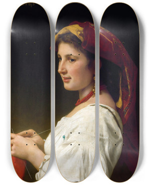 Triptych art skateboard deck of William Bouguereau The Little Knitter by William Bouguereau (1825-1905)