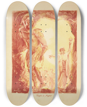 Triptych art skateboard deck of Alexander O Levy Right Is Might by Alexander O Levy (1881-1947)