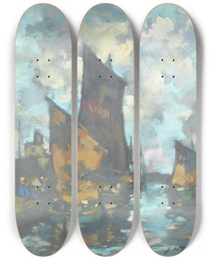 Triptych art skateboard deck of James Watterston Herald Fishing Boats In A Harbour by James Watterston Herald (1859-1914)